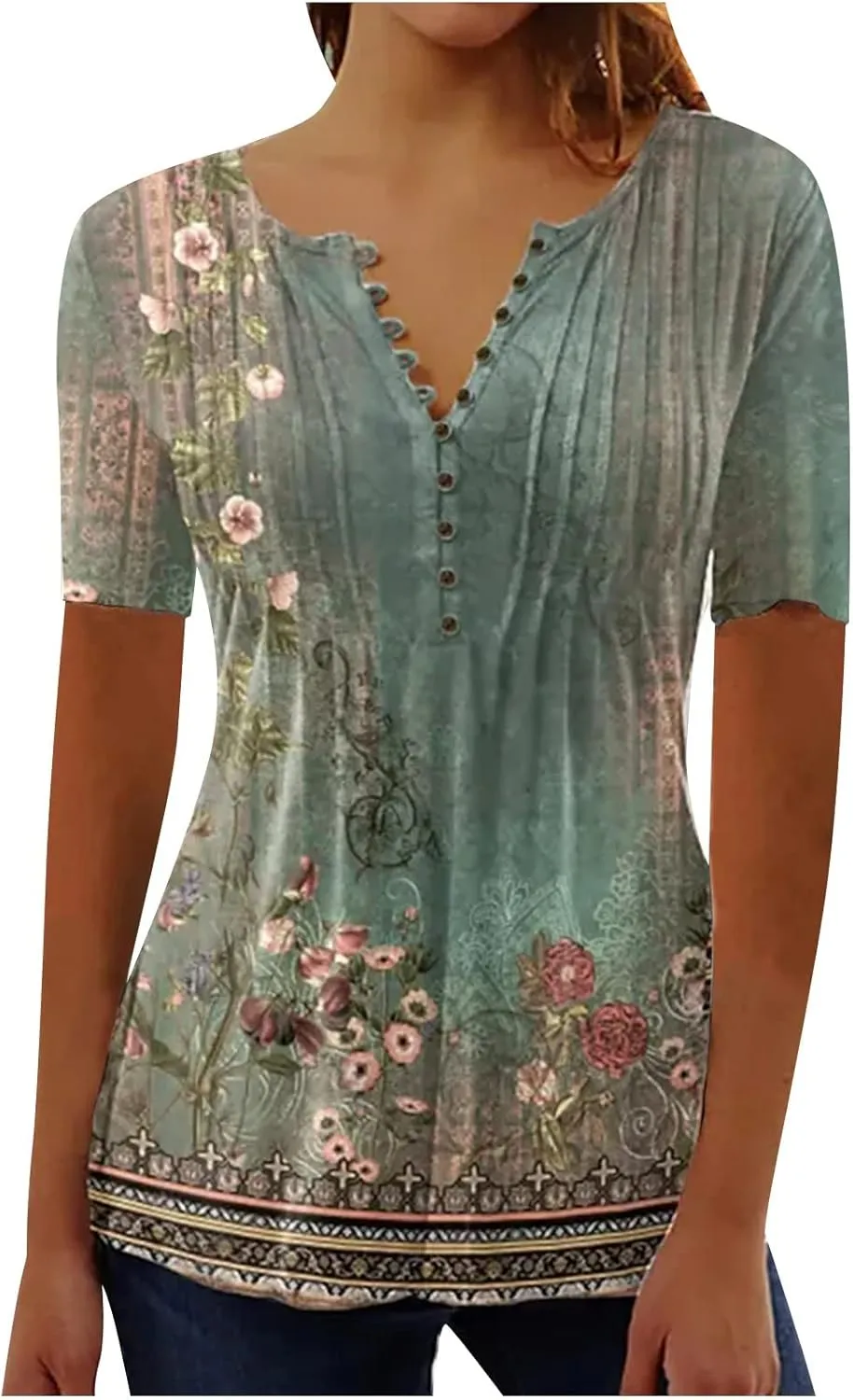 LRMQS Short Sleeve Summer Tops for Women 2024 Vacation Trendy Loose Fit Boho V Neck Tunic Blouse Casual Floral Shirt Clothing