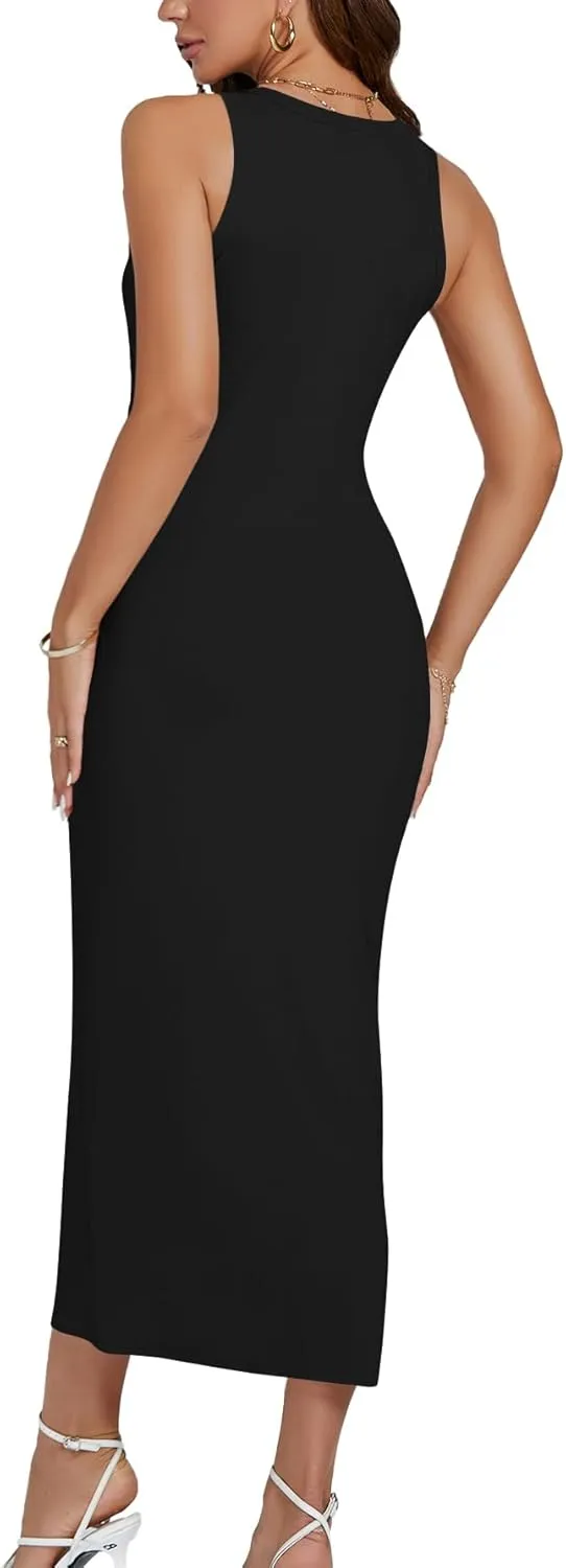 LYANER Women's Ribbed Knit Crew Neck Slim Fit Sleeveless Bodycon Basic Tank Midi Dress