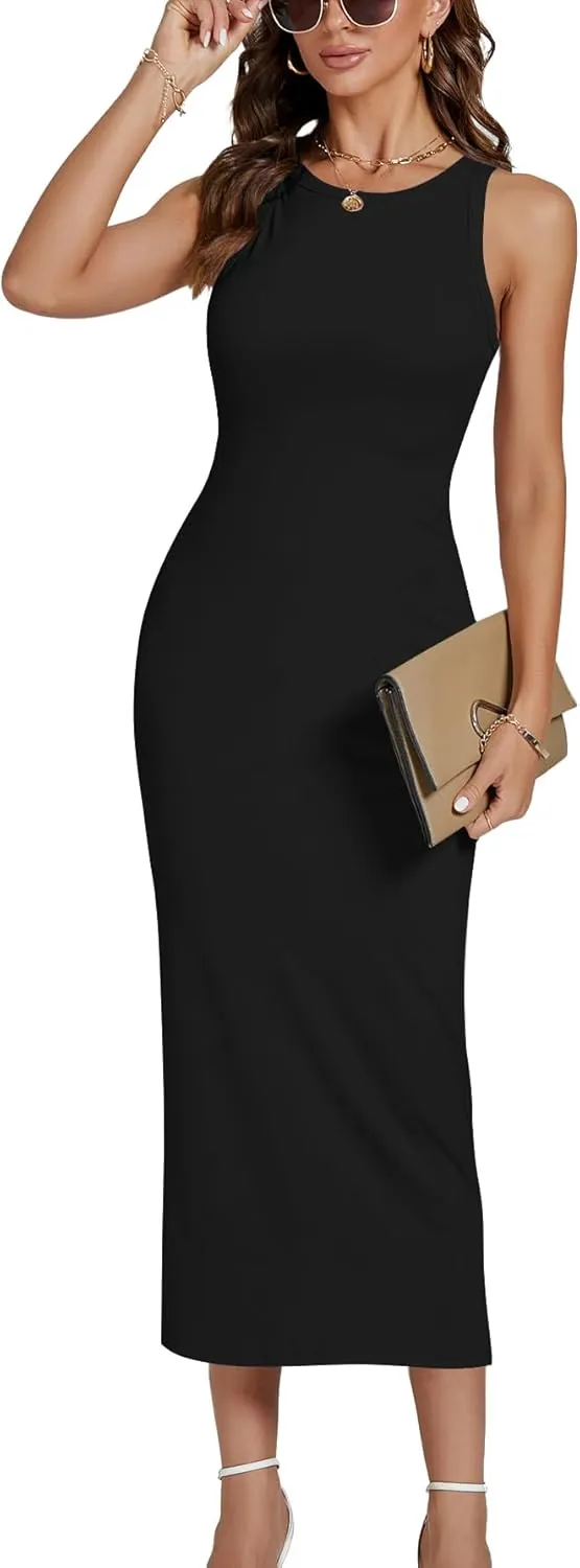 LYANER Women's Ribbed Knit Crew Neck Slim Fit Sleeveless Bodycon Basic Tank Midi Dress