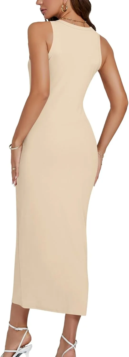 LYANER Women's Ribbed Knit Crew Neck Slim Fit Sleeveless Bodycon Basic Tank Midi Dress