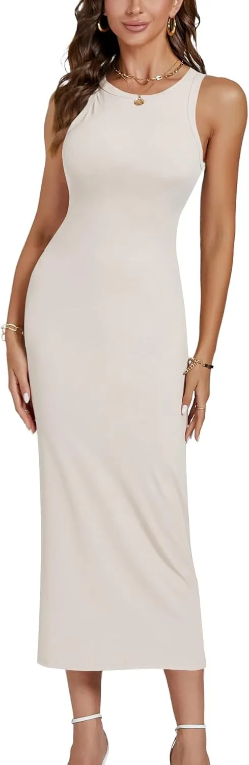LYANER Women's Ribbed Knit Crew Neck Slim Fit Sleeveless Bodycon Basic Tank Midi Dress