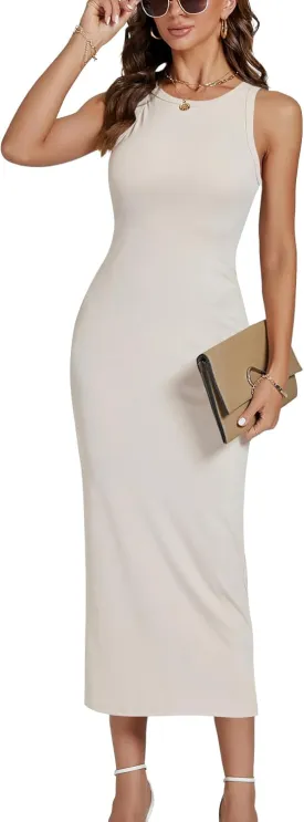 LYANER Women's Ribbed Knit Crew Neck Slim Fit Sleeveless Bodycon Basic Tank Midi Dress