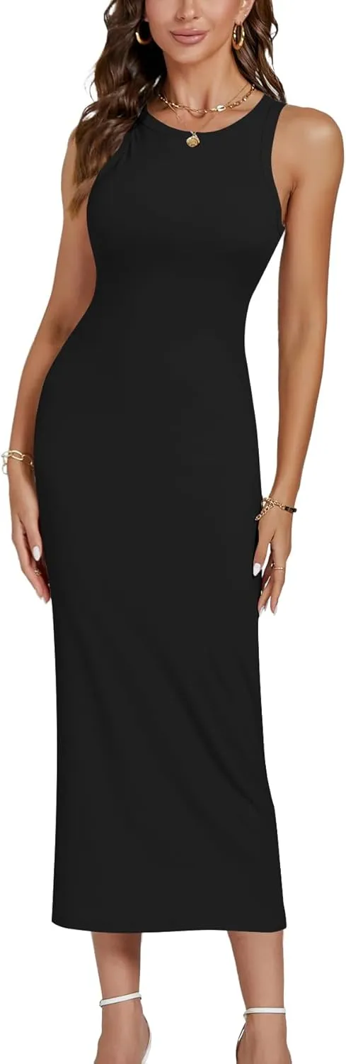 LYANER Women's Ribbed Knit Crew Neck Slim Fit Sleeveless Bodycon Basic Tank Midi Dress