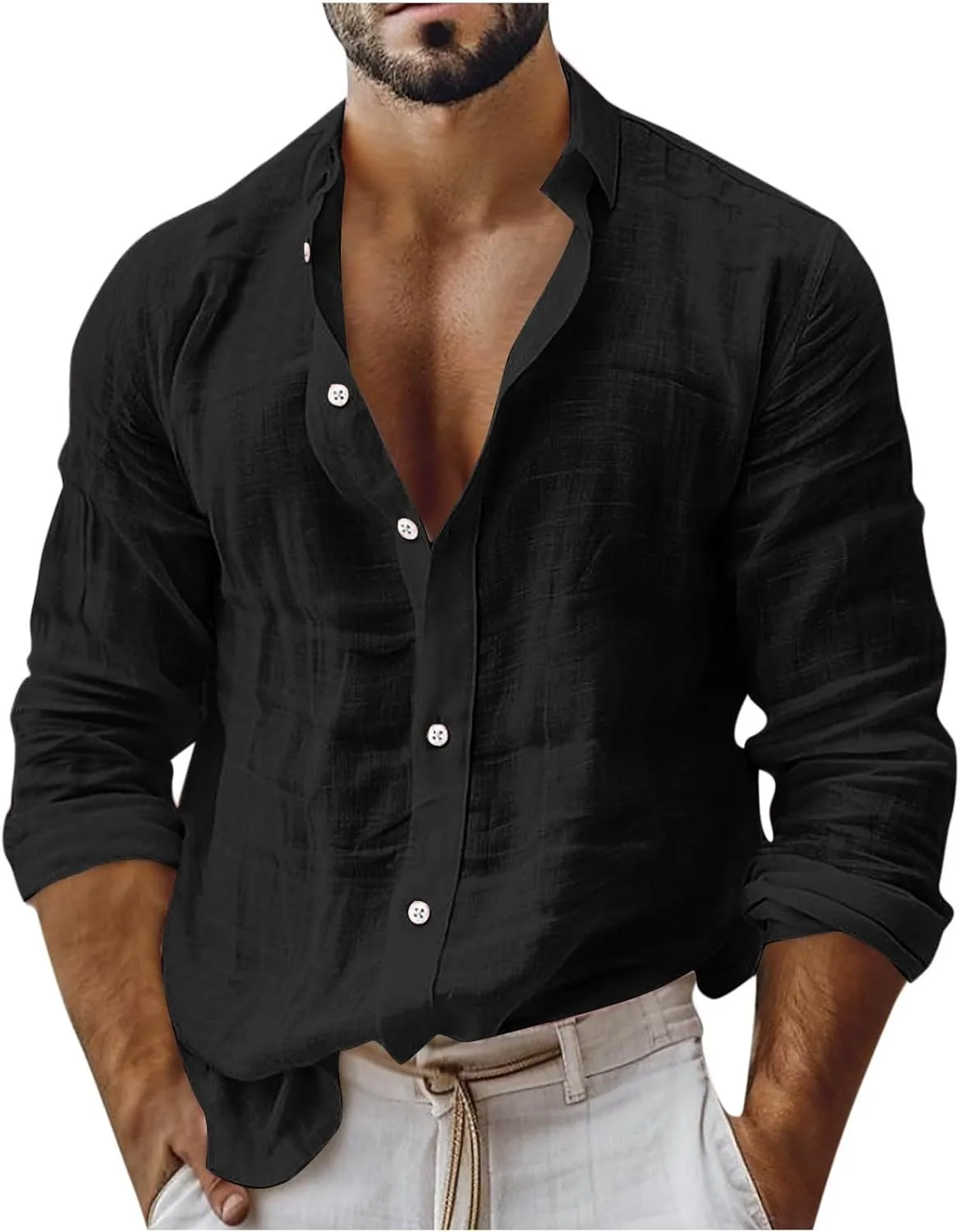 Mens Casual Tops Long Sleeve Cotton Gauze Shirts Buttons Down Solid Plain Band Collar Summer Beach Hippie Shirt