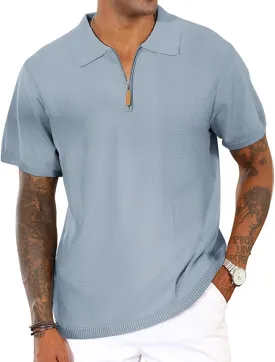 Men's Casual Zipper Polo Shirts Regular Fit Short Sleeve Knitting Shirts Stretchy Golf Shirts
