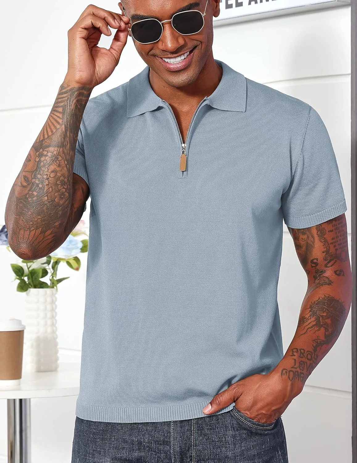 Men's Casual Zipper Polo Shirts Regular Fit Short Sleeve Knitting Shirts Stretchy Golf Shirts