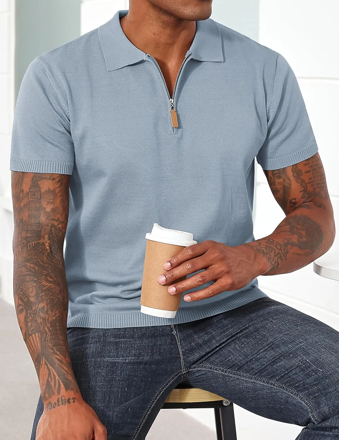Men's Casual Zipper Polo Shirts Regular Fit Short Sleeve Knitting Shirts Stretchy Golf Shirts