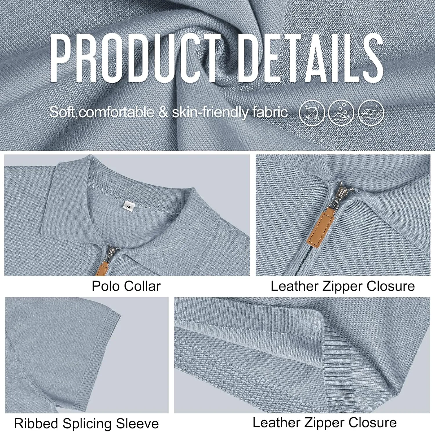 Men's Casual Zipper Polo Shirts Regular Fit Short Sleeve Knitting Shirts Stretchy Golf Shirts