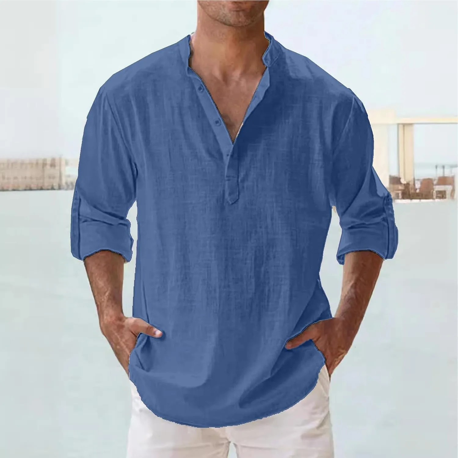 Mens Cotton Linen Shirts Solid Color Long Sleeve Pullover Shirts Button Stand Collar Beach Tops for Summer Vacation