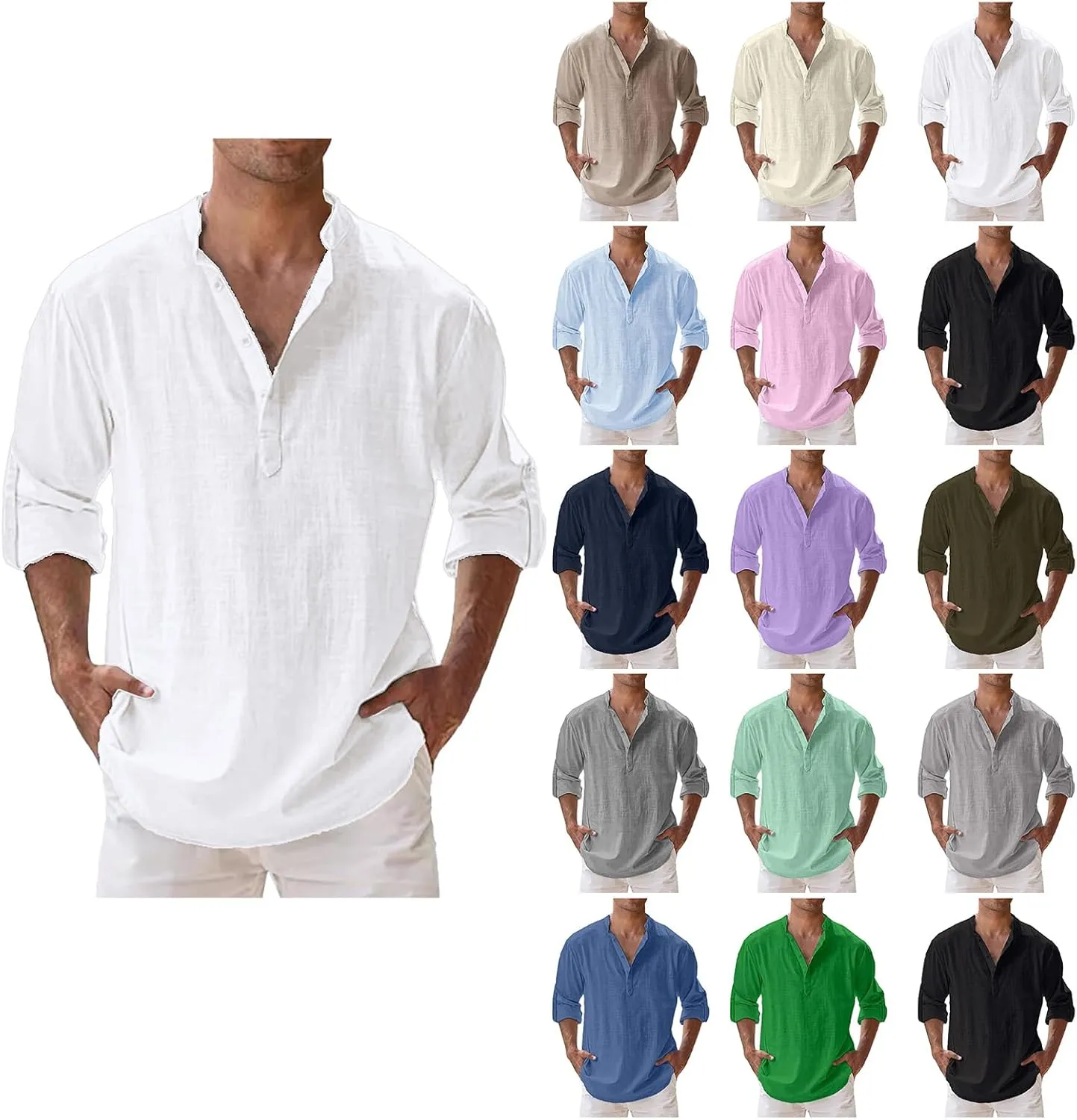 Mens Cotton Linen Shirts Solid Color Long Sleeve Pullover Shirts Button Stand Collar Beach Tops for Summer Vacation