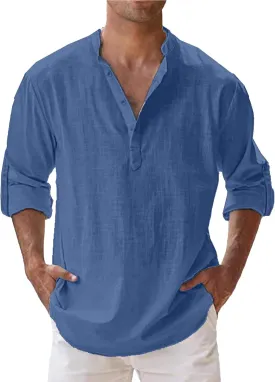 Mens Cotton Linen Shirts Solid Color Long Sleeve Pullover Shirts Button Stand Collar Beach Tops for Summer Vacation