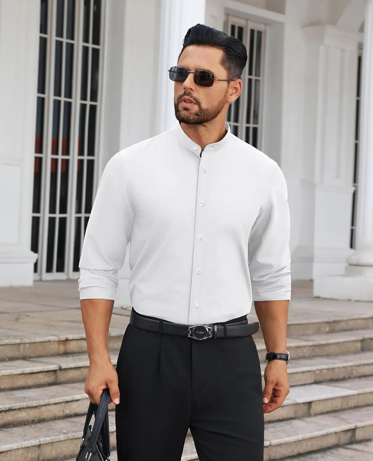 Mens Dress Shirts Wrinkle Free Dress Shirts for Men Long Sleeve Button Down Shirts Banded Collar Shirts