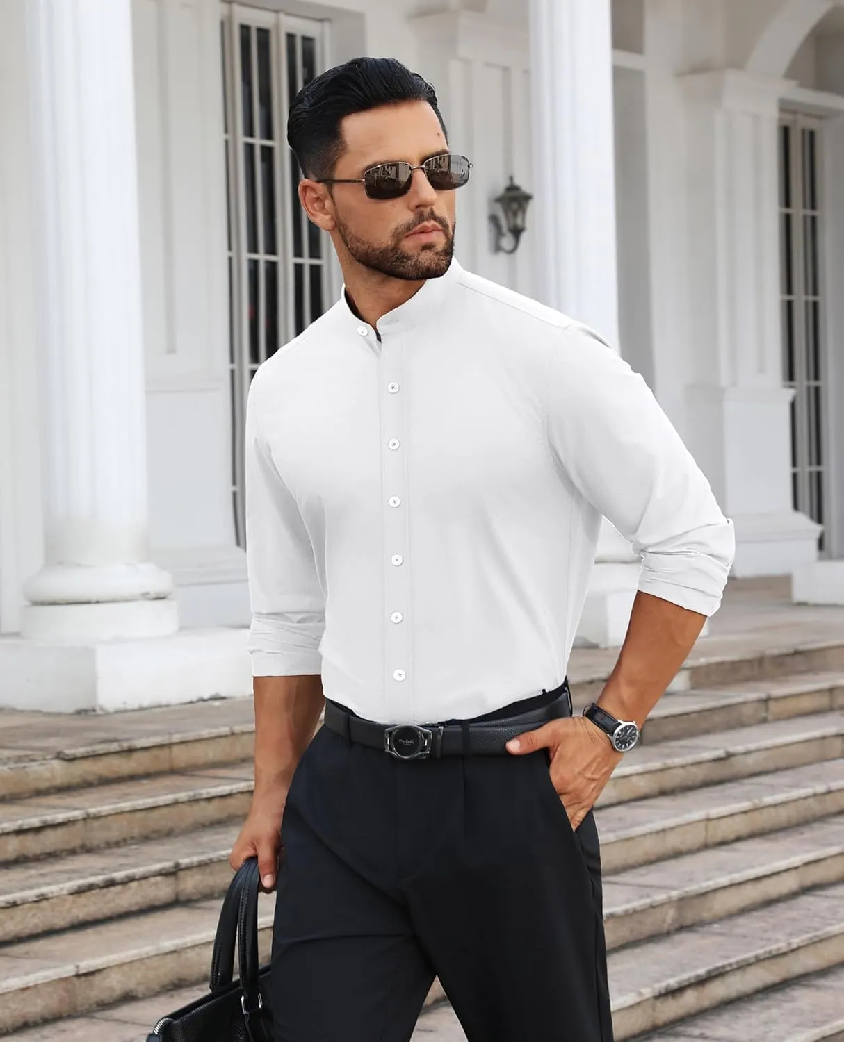 Mens Dress Shirts Wrinkle Free Dress Shirts for Men Long Sleeve Button Down Shirts Banded Collar Shirts