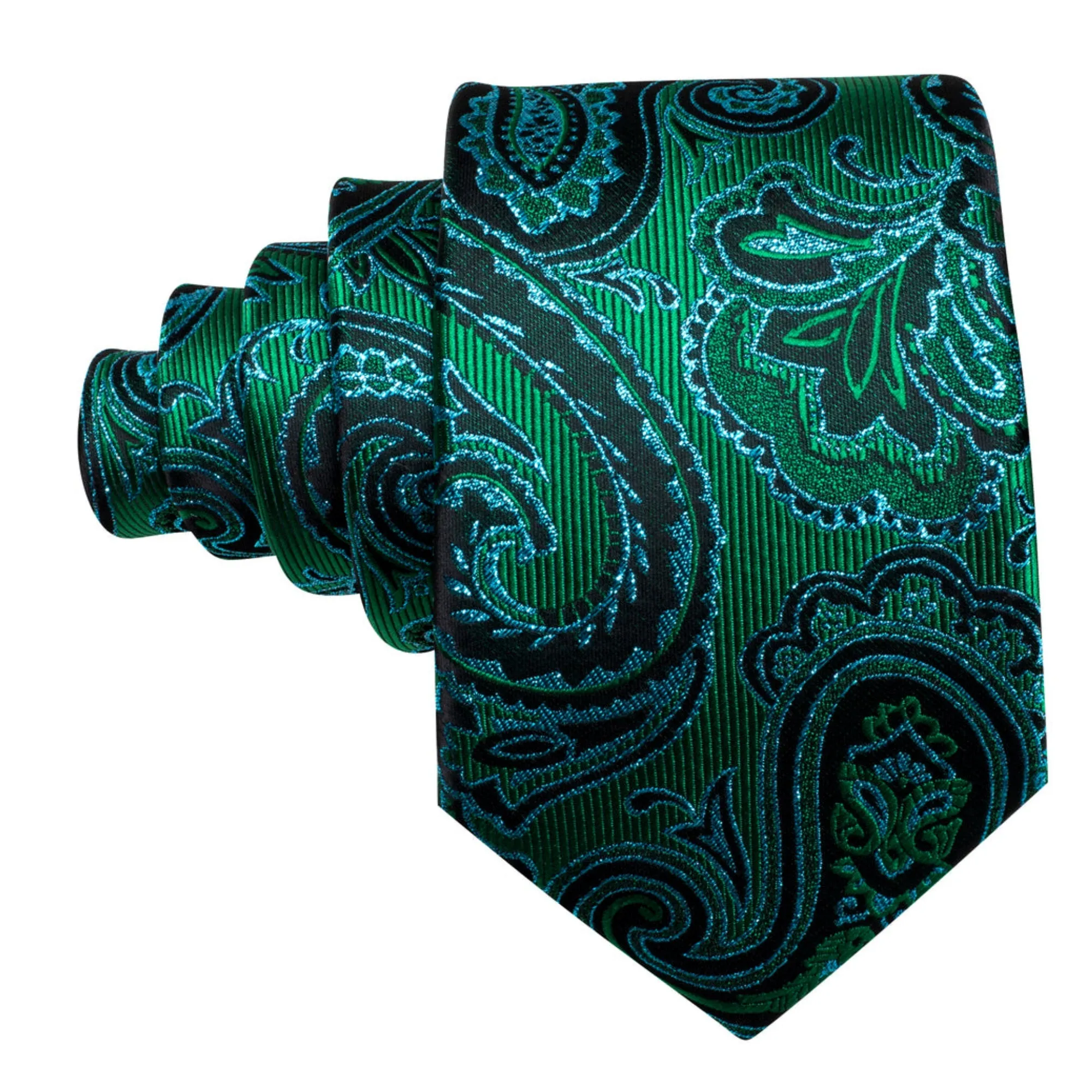 Men's Green And Blue Paisley 100% Silk Neck Tie With Matching Hanky And Cufflinks Set