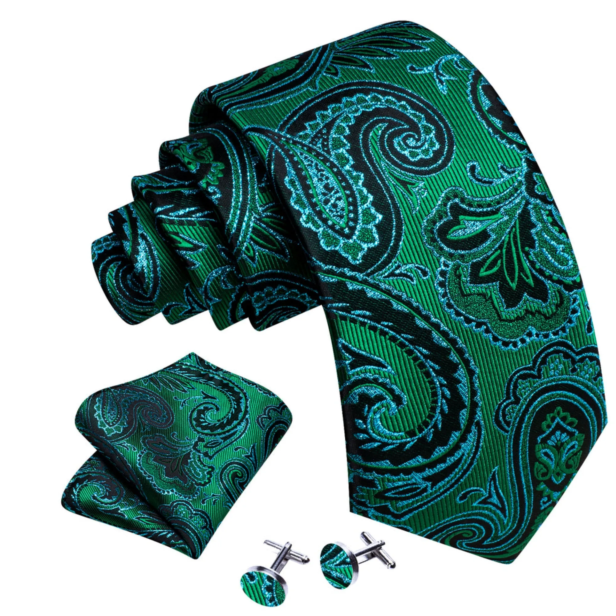 Men's Green And Blue Paisley 100% Silk Neck Tie With Matching Hanky And Cufflinks Set