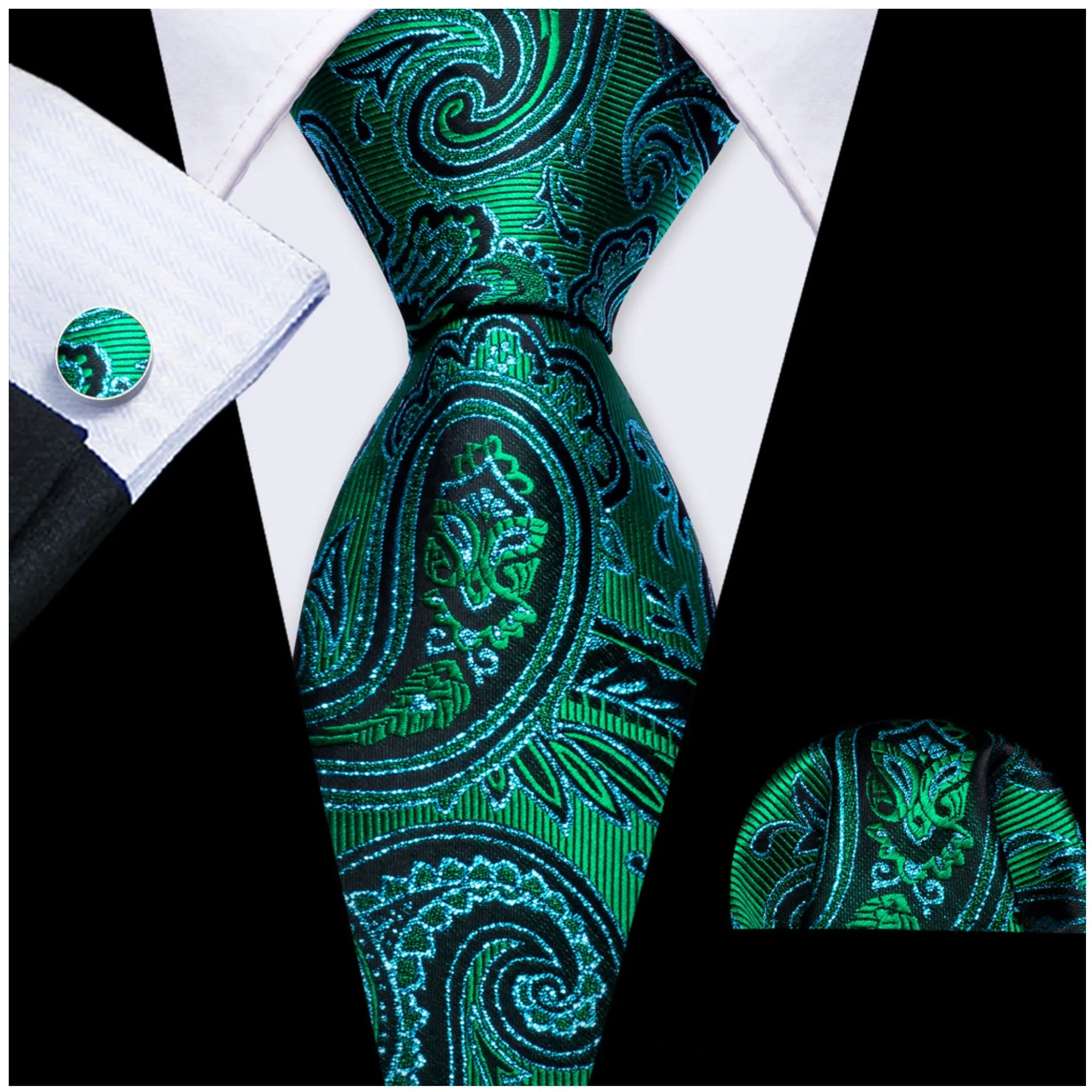 Men's Green And Blue Paisley 100% Silk Neck Tie With Matching Hanky And Cufflinks Set