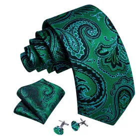 Men's Green And Blue Paisley 100% Silk Neck Tie With Matching Hanky And Cufflinks Set