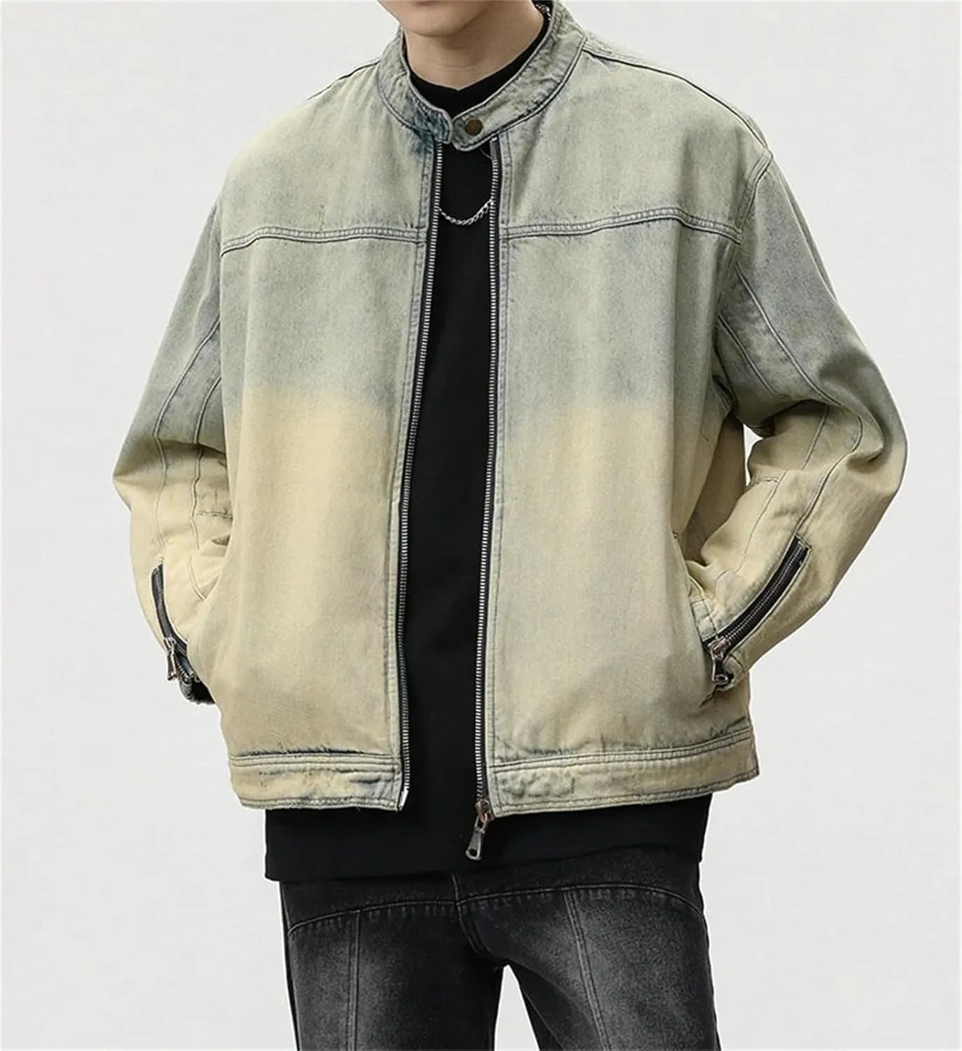 Men's High Street Vintage Washed Denim Jacket Distressed Zipper Sleeves Oversized Street Hip-Hop Jacket