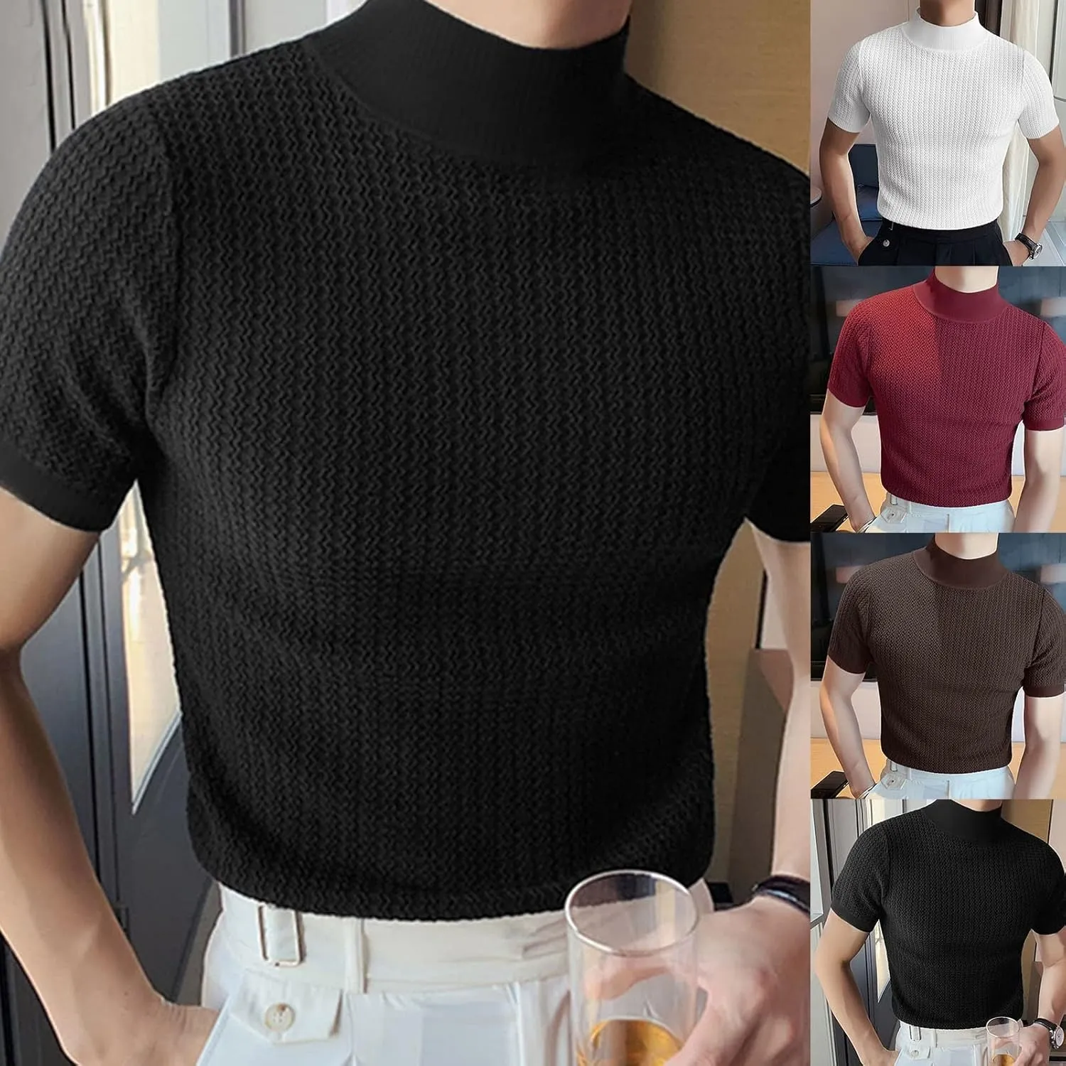 Mens Mock Turtleneck T Shirt Solid Ribbed Knit High Collar Short Sleeve Tops Spring Summer Slim Muscle Undershirt