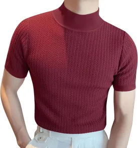 Mens Mock Turtleneck T Shirt Solid Ribbed Knit High Collar Short Sleeve Tops Spring Summer Slim Muscle Undershirt