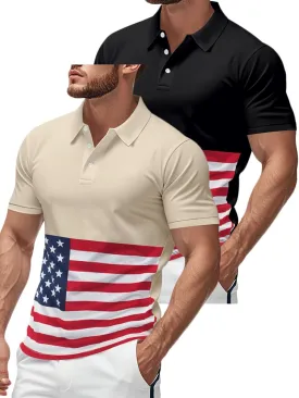 Men's Polo Shirts 2 Pack Print American Flag Short Sleeve Performance Golf Shirts Moisture Wicking Work Shirts