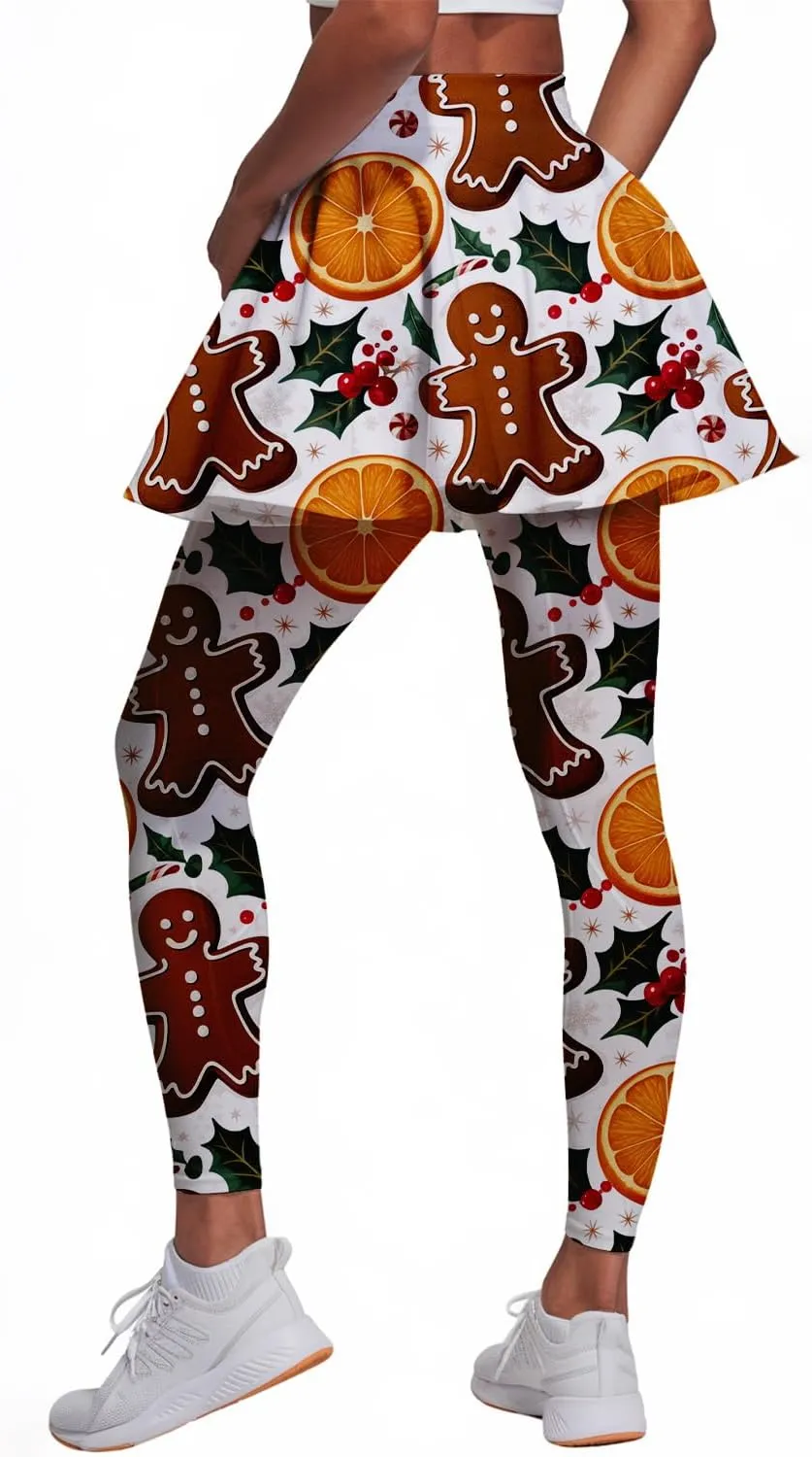 Minimalist Reindeer & Pine Tree Pajama Skirted Leggings for Women Athletic Tennis Skirt, Yoga Pleated Skirt Leggings