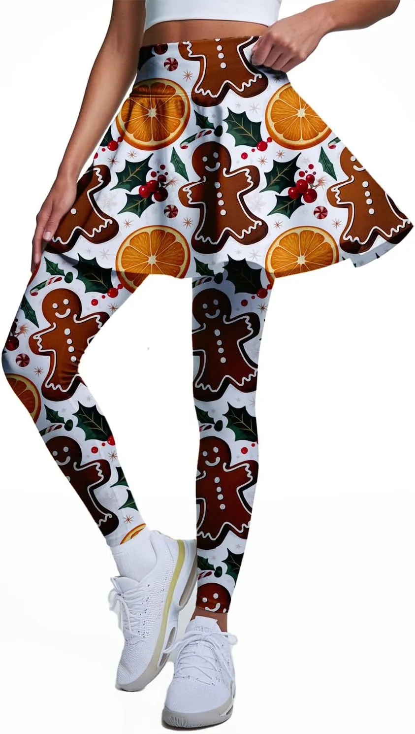 Minimalist Reindeer & Pine Tree Pajama Skirted Leggings for Women Athletic Tennis Skirt, Yoga Pleated Skirt Leggings