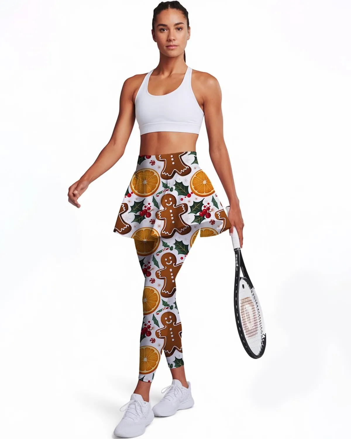 Minimalist Reindeer & Pine Tree Pajama Skirted Leggings for Women Athletic Tennis Skirt, Yoga Pleated Skirt Leggings