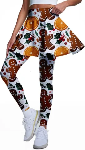 Minimalist Reindeer & Pine Tree Pajama Skirted Leggings for Women Athletic Tennis Skirt, Yoga Pleated Skirt Leggings