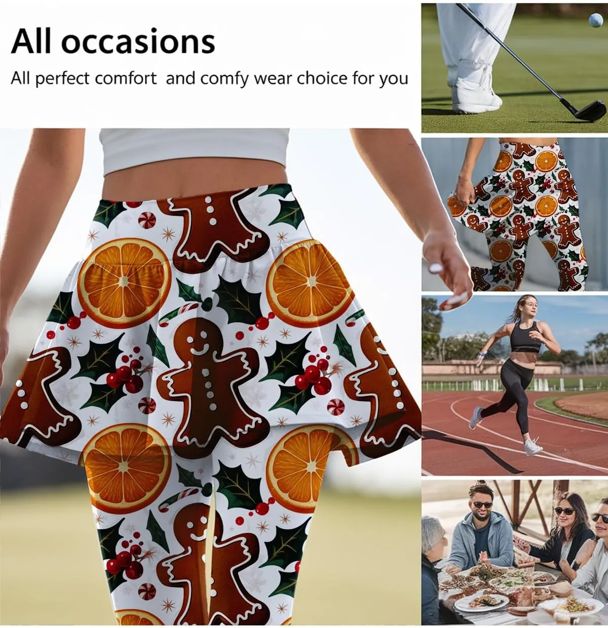 Minimalist Reindeer & Pine Tree Pajama Skirted Leggings for Women Athletic Tennis Skirt, Yoga Pleated Skirt Leggings