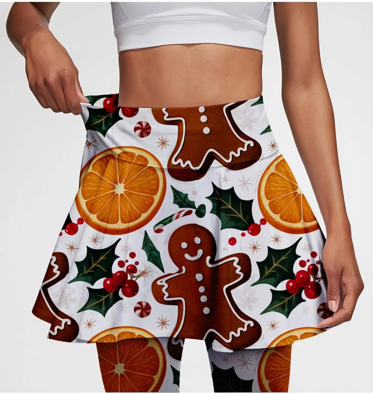 Minimalist Reindeer & Pine Tree Pajama Skirted Leggings for Women Athletic Tennis Skirt, Yoga Pleated Skirt Leggings