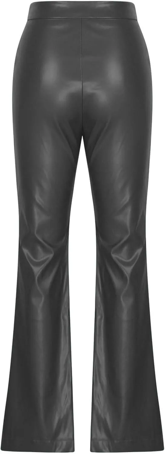 NATHGAM Womens Faux Leather Pants Lace Up Front Flare Pants High Waisted Straight Leg Bell Bottom PU Slim Leather Skinny Pant