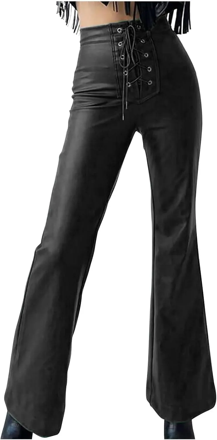 NATHGAM Womens Faux Leather Pants Lace Up Front Flare Pants High Waisted Straight Leg Bell Bottom PU Slim Leather Skinny Pant