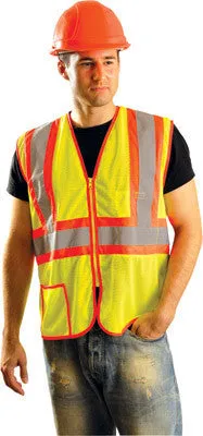 OccuNomix 2X Hi-Viz Yellow Lightweight Mesh Class 2 Vest With Zipper Front Closure, 2" Silver Reflective Tape Striping And 2 Pockets