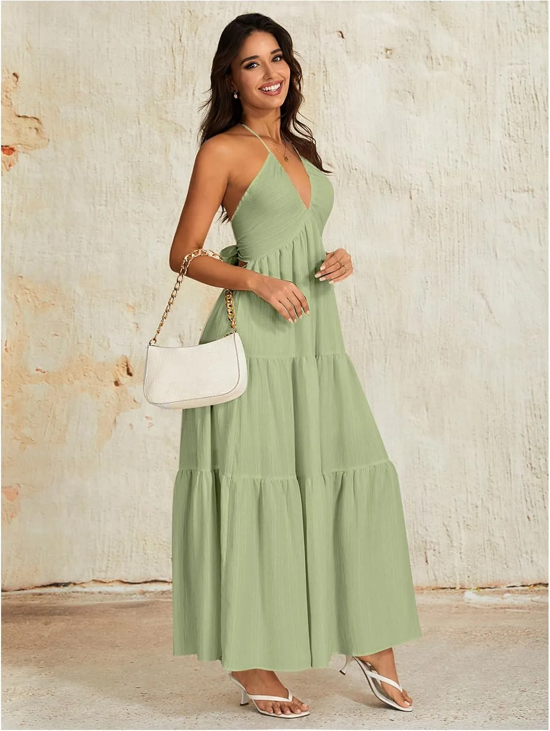 OYOANGLE Women's V Neck Tie Backless Halter Dress Ruched Flowy Vacation Maxi Dresses