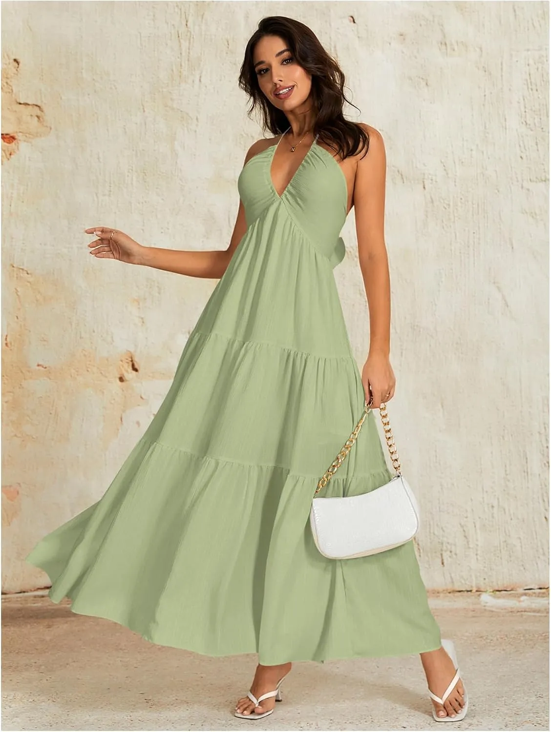 OYOANGLE Women's V Neck Tie Backless Halter Dress Ruched Flowy Vacation Maxi Dresses