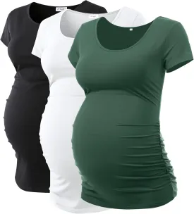 Peauty 3 Pack Women Maternity Shirts Side Ruched Summer Maternity Clothes Short Sleeve Maternity Tops Pregnancy Clothes