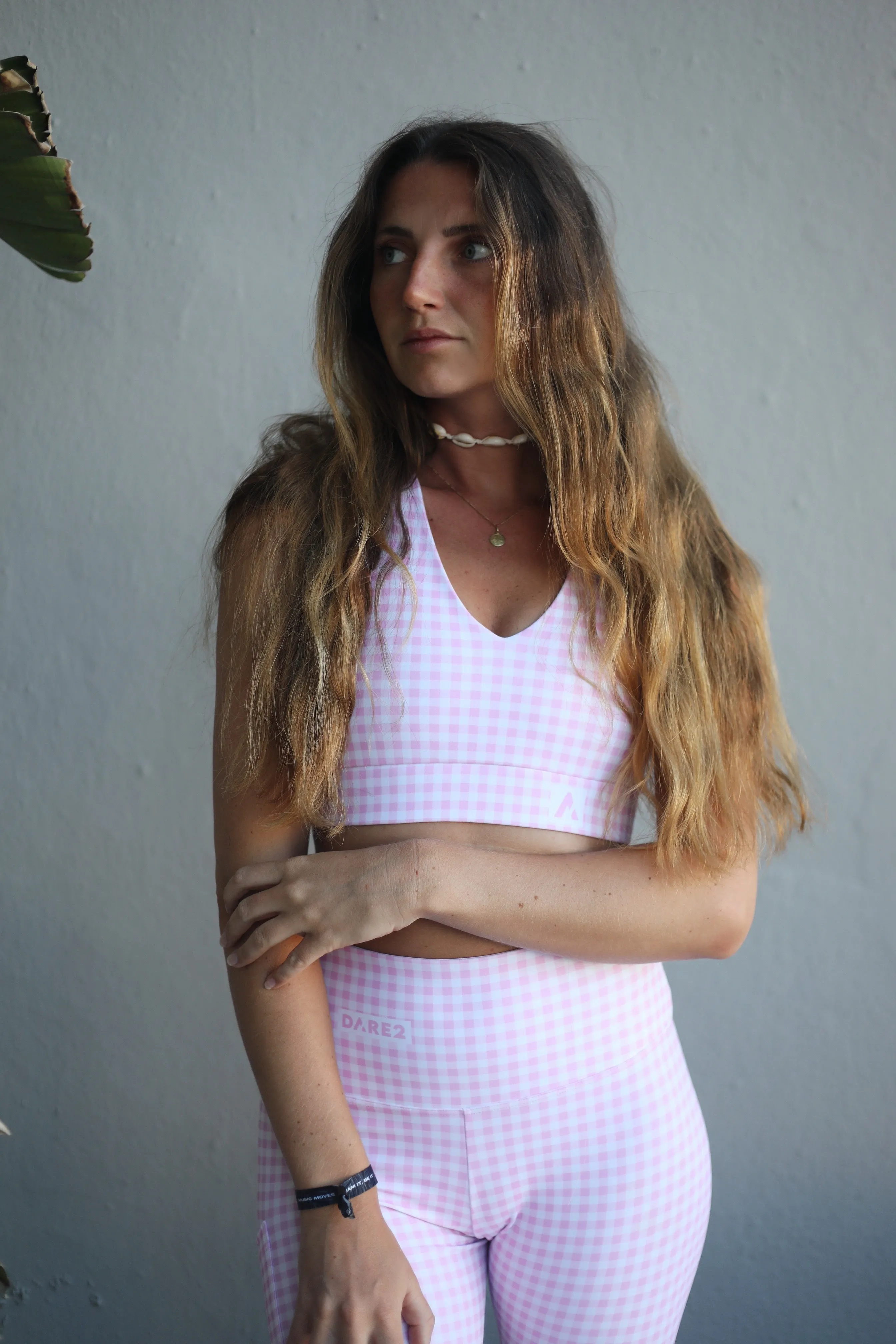 Pink Vichy Cross-Back Sports Bra
