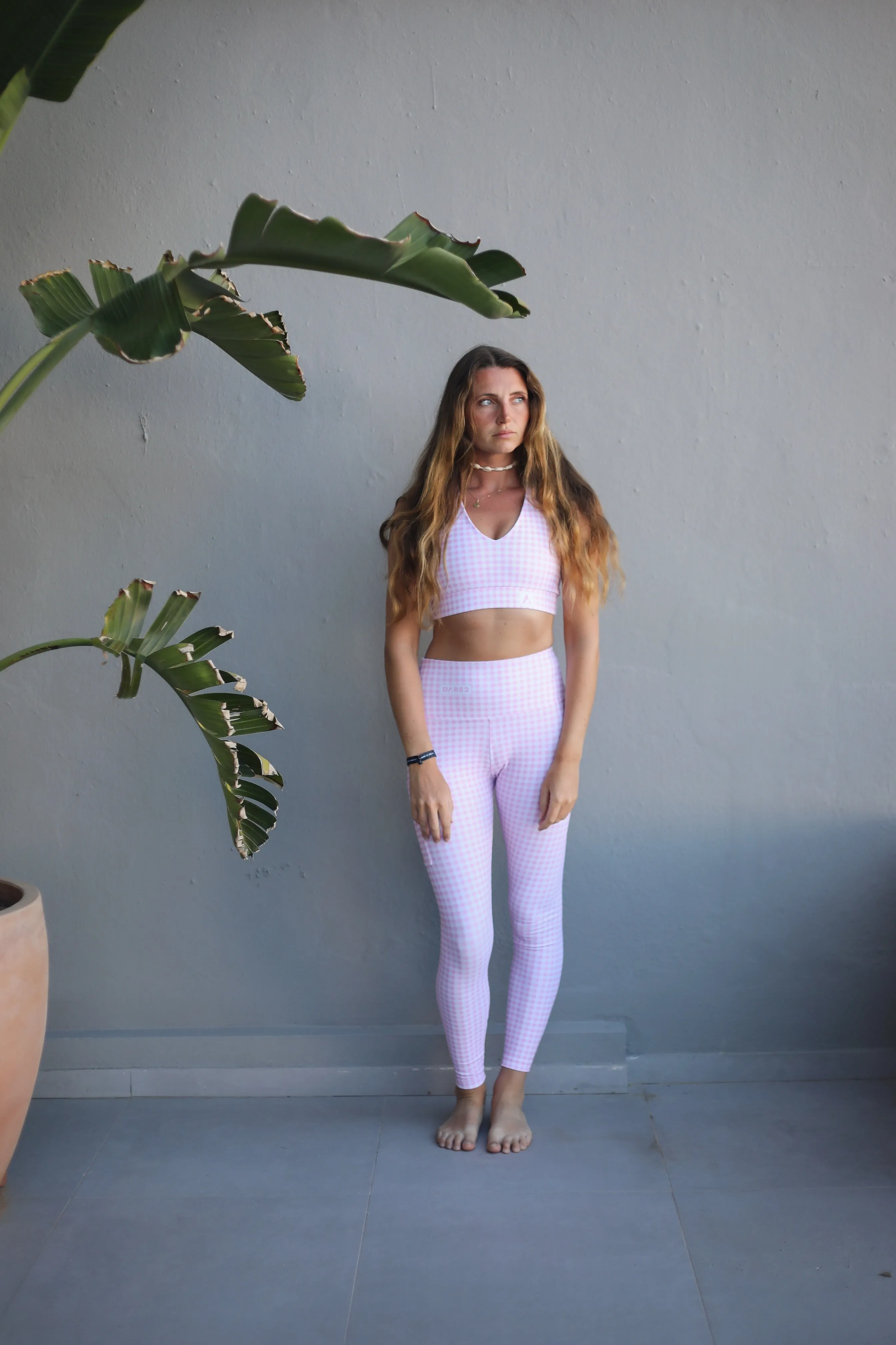 Pink Vichy Cross-Back Sports Bra
