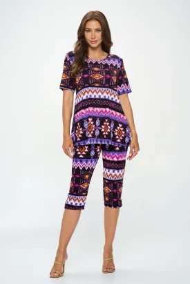 Plus Size Capri Pants Set Short Sleeve- 9003BN-SXP1-W407