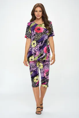 Plus Size Capri Pants Set Short Sleeve- 9003BN-SXP1-W408