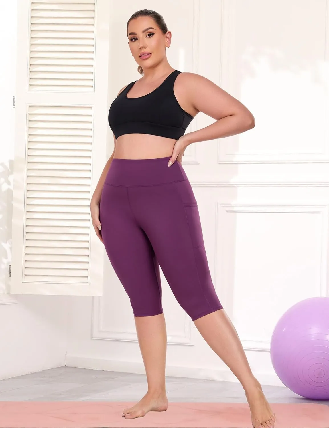 Plus Size Leggings with Pockets Knee Length, L-5XL Capri Yoga Pants High Waisted, Tummy Control Workout Leggings