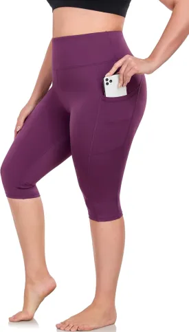 Plus Size Leggings with Pockets Knee Length, L-5XL Capri Yoga Pants High Waisted, Tummy Control Workout Leggings
