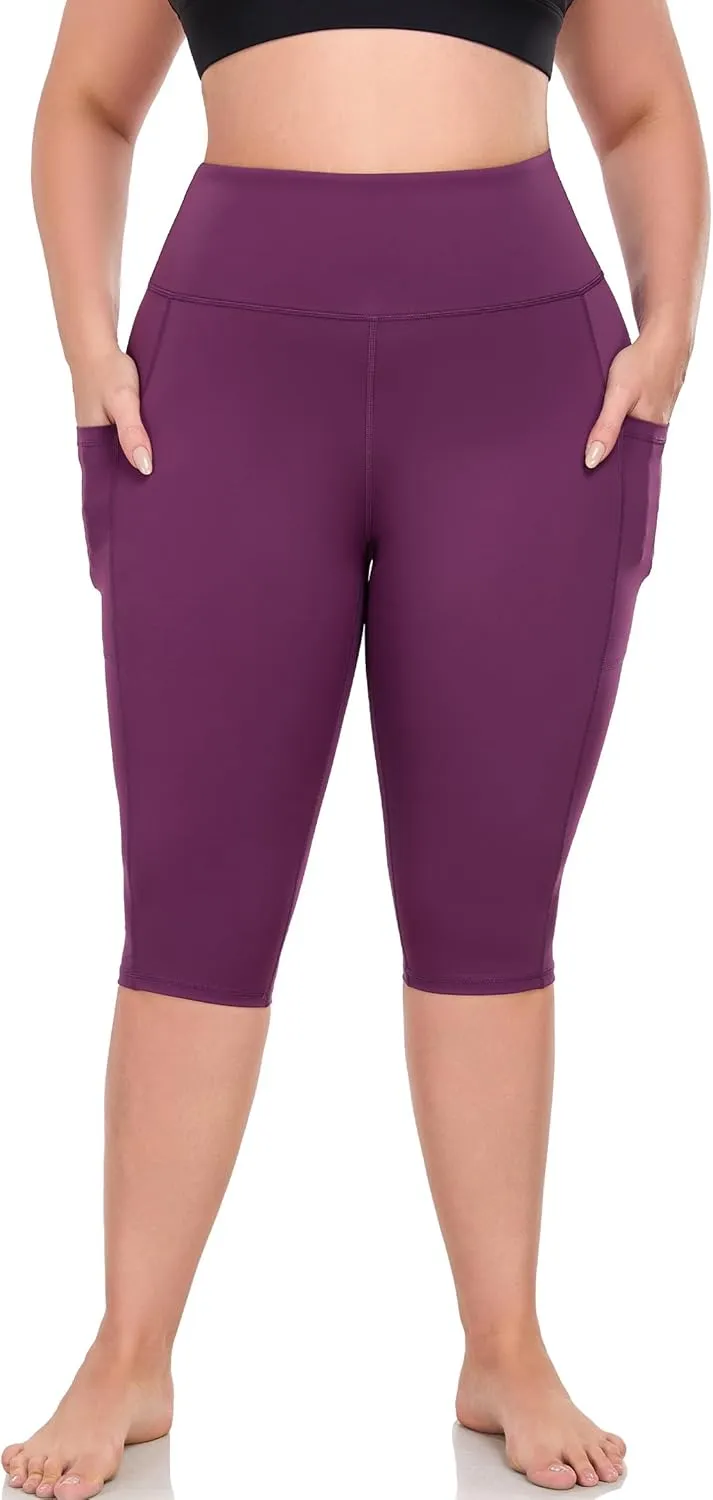 Plus Size Leggings with Pockets Knee Length, L-5XL Capri Yoga Pants High Waisted, Tummy Control Workout Leggings