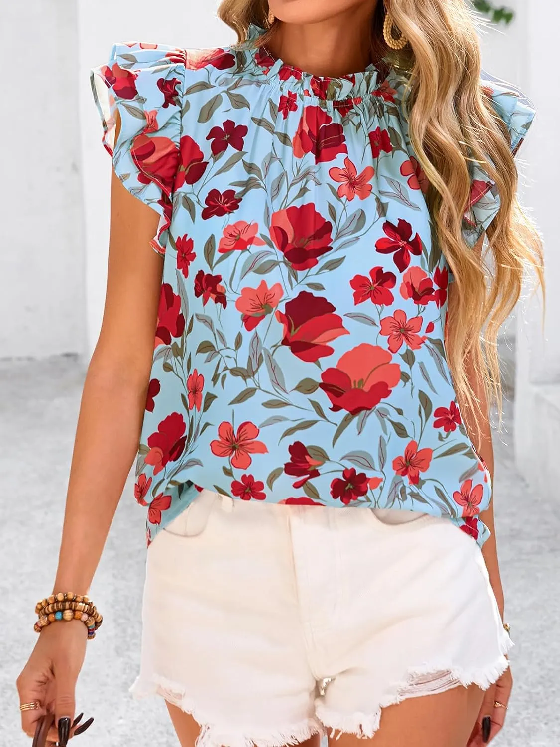 PRETTYGARDEN Women's Ruffle Short Sleeve Summer Tops 2025 Trendy Floral Trim Neck Casual Dressy Chiffon Boho Blouses Shirts