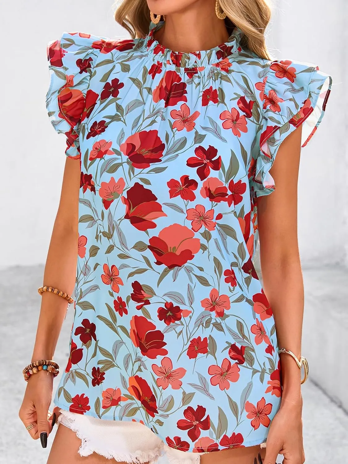 PRETTYGARDEN Women's Ruffle Short Sleeve Summer Tops 2025 Trendy Floral Trim Neck Casual Dressy Chiffon Boho Blouses Shirts