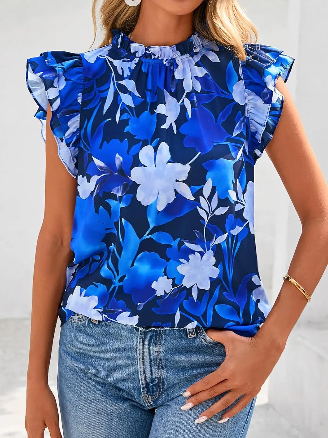 PRETTYGARDEN Women's Ruffle Short Sleeve Summer Tops 2025 Trendy Floral Trim Neck Casual Dressy Chiffon Boho Blouses Shirts