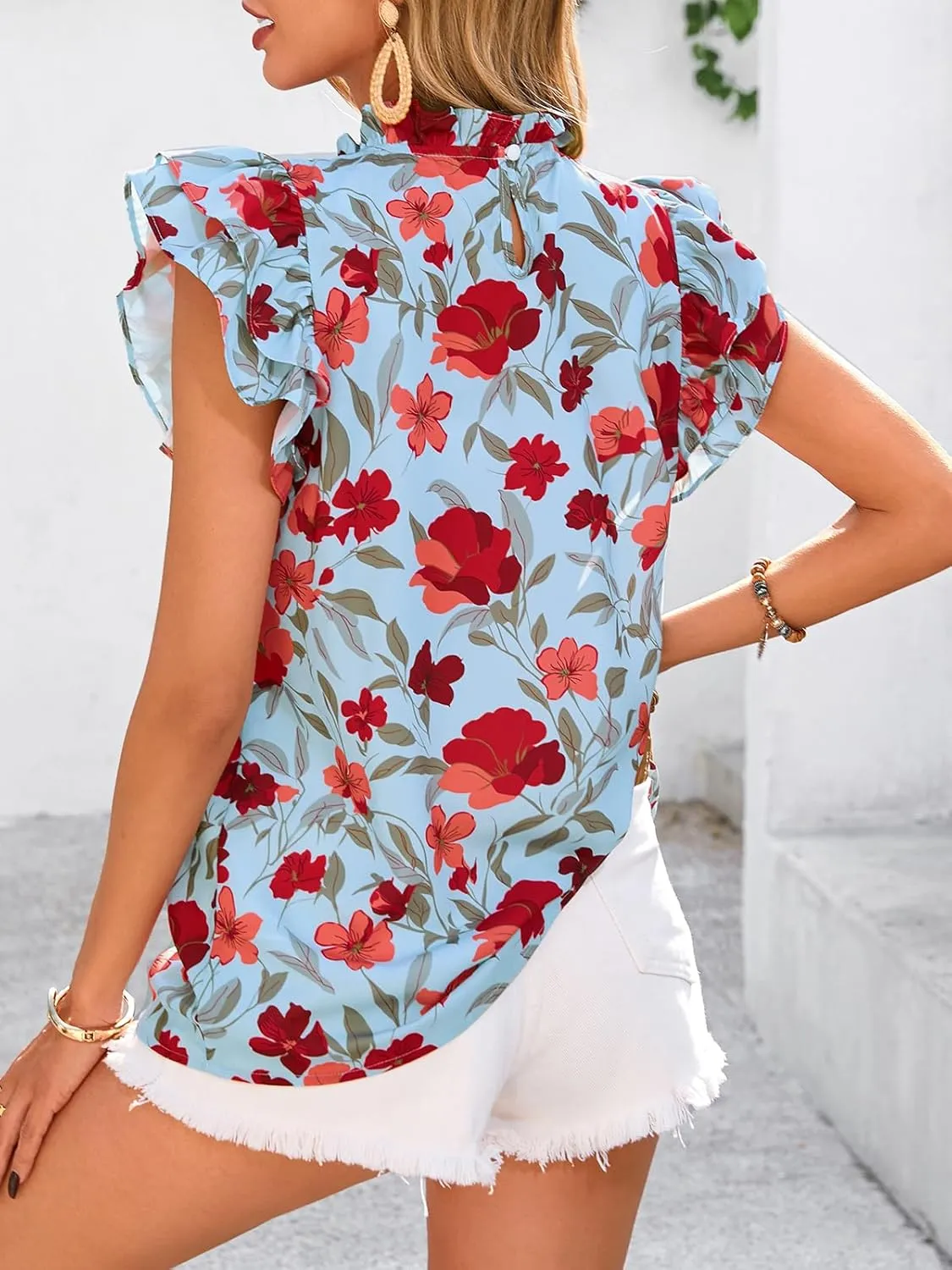 PRETTYGARDEN Women's Ruffle Short Sleeve Summer Tops 2025 Trendy Floral Trim Neck Casual Dressy Chiffon Boho Blouses Shirts