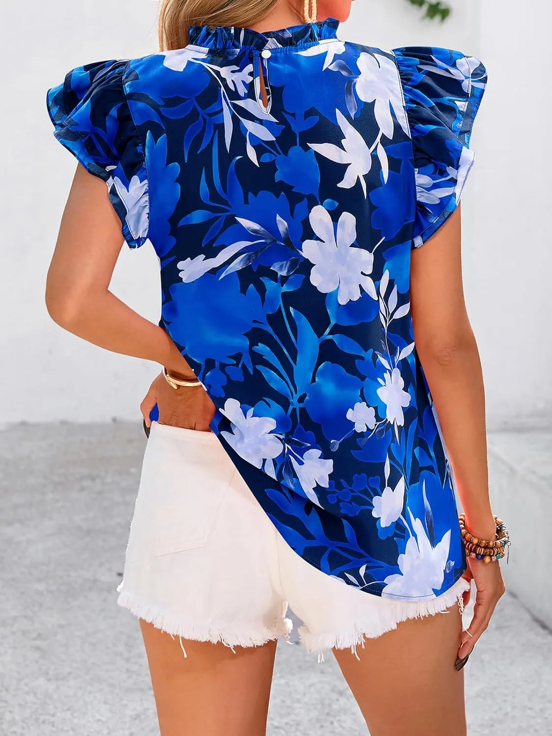 PRETTYGARDEN Women's Ruffle Short Sleeve Summer Tops 2025 Trendy Floral Trim Neck Casual Dressy Chiffon Boho Blouses Shirts