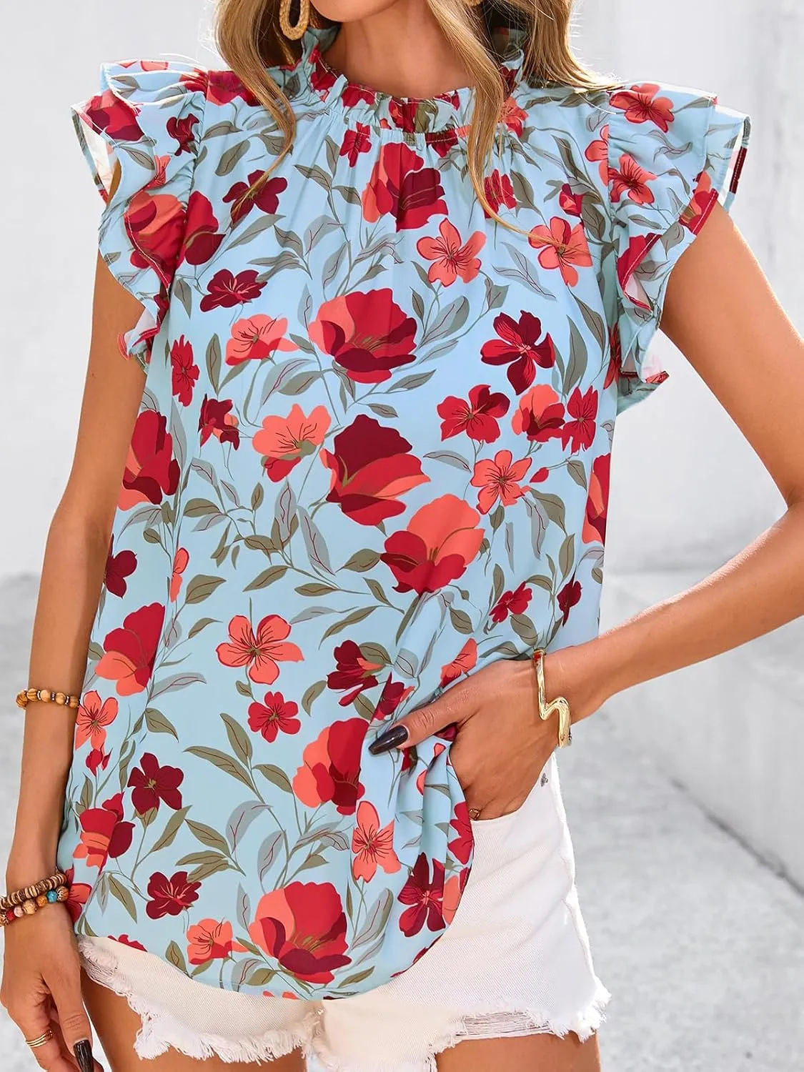 PRETTYGARDEN Women's Ruffle Short Sleeve Summer Tops 2025 Trendy Floral Trim Neck Casual Dressy Chiffon Boho Blouses Shirts